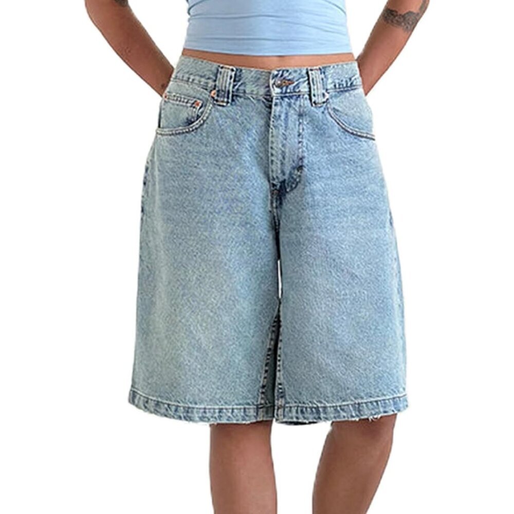 Vintage Straight Leg Bermuda Shorts - Women’s Y2K Baggy Denim Jorts with Pockets